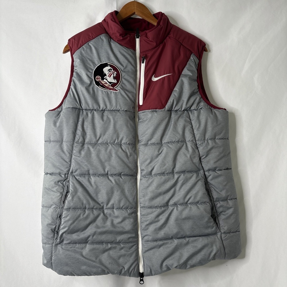 Nike FSU Florida State Seminoles NCAA Women's L Puffer Vest Gray Garnet Full Zip